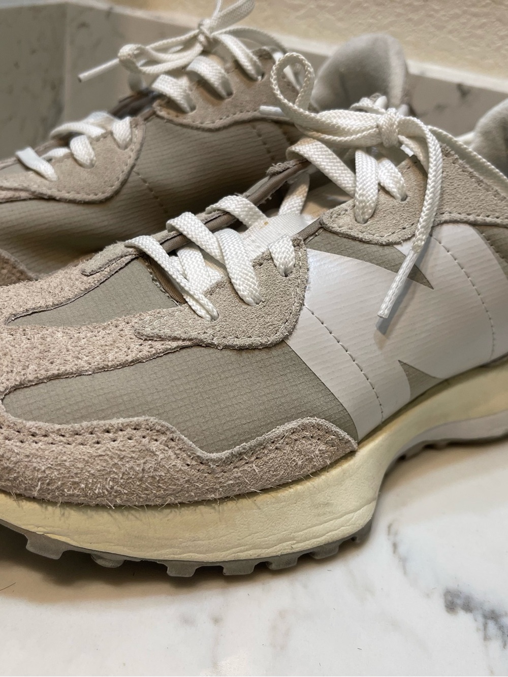 New Balance Beige and White Runner Sneakers